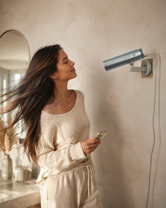 LeLunar HandsFreeDryer in Space Grey on its wall mount