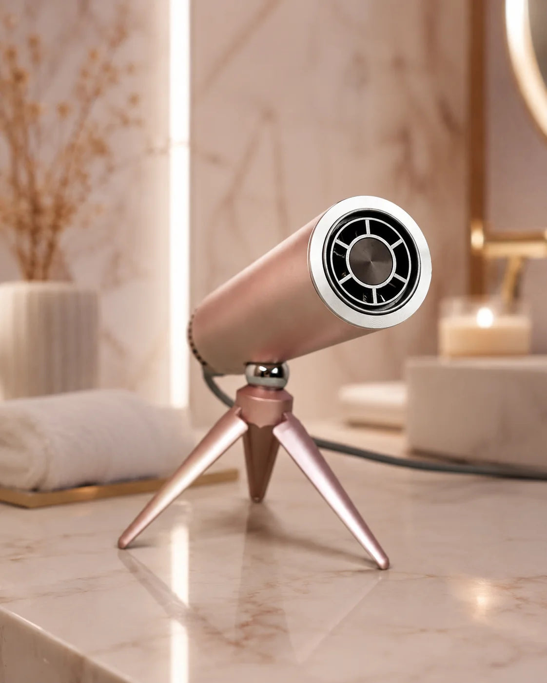 LeLunar HandsFreeDryer on its tripod in a marble bathroom, Sunset Rose close-up