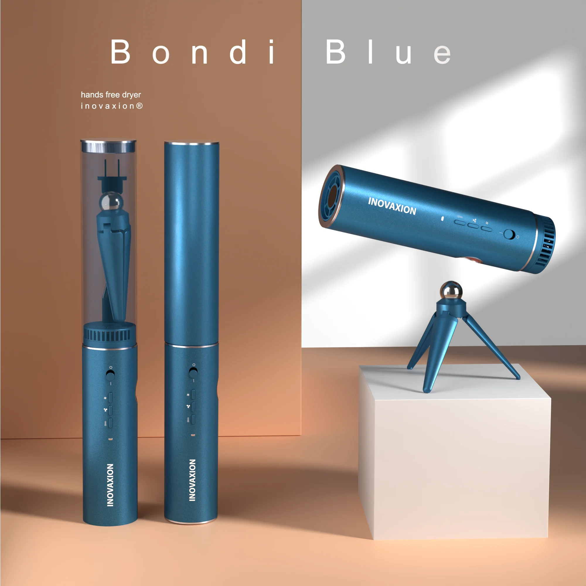 Inovaxion® Bondi Blue - Modern blue hands-free hair dryer innovation 2026.