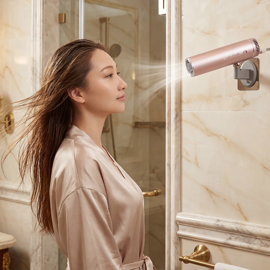 Hands-free hair dryer in a bathroom — drying hair hands free while multitasking