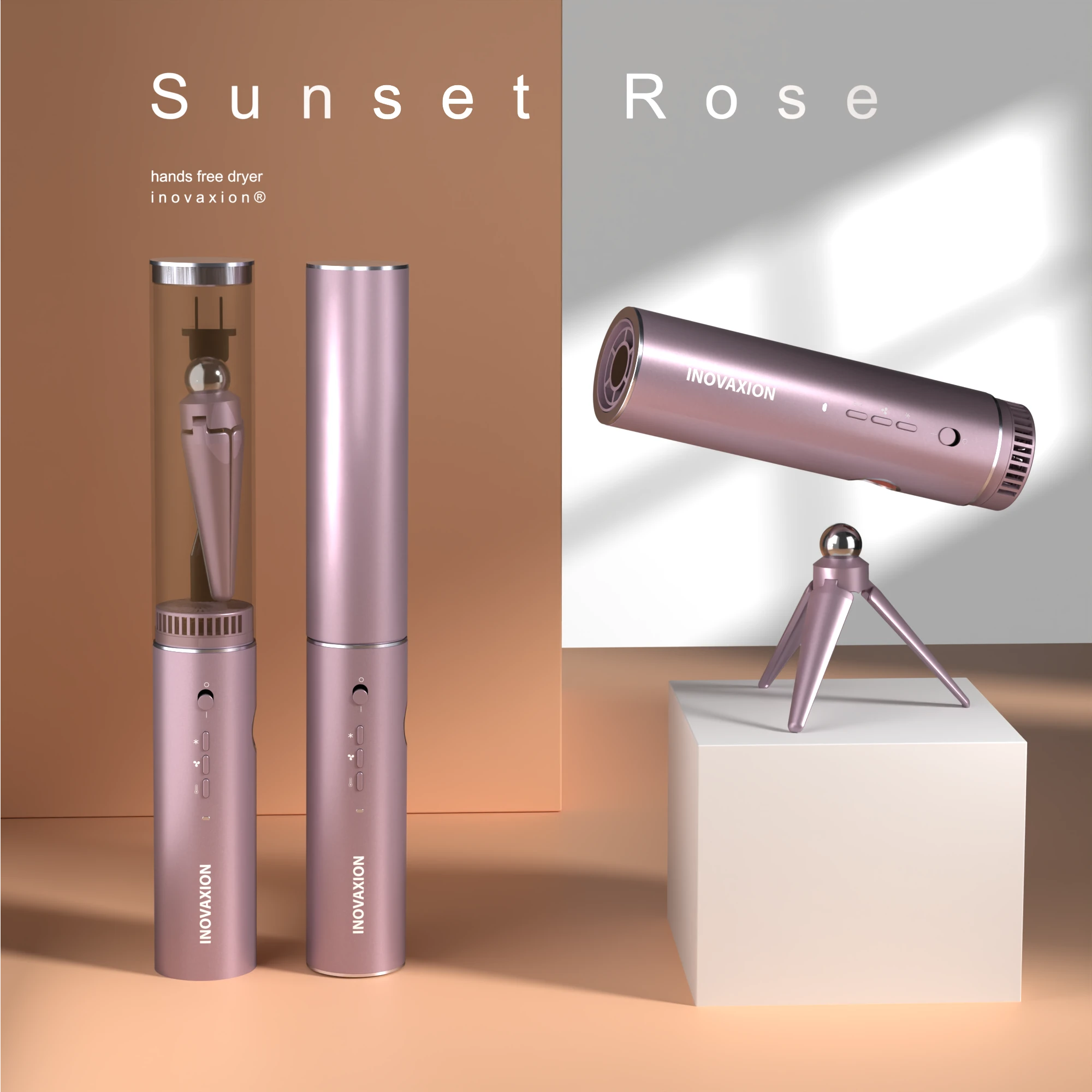 Inovaxion® Sunset Rose - Elegant pink hands-free hair dryer with signature finish.