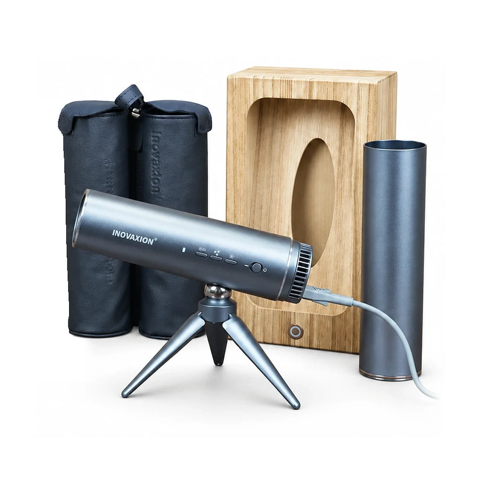 HandsFreeDryer kit in Space Grey — hands-free hair dryer on its folding tripod with travel capsule, wall mount and gift box